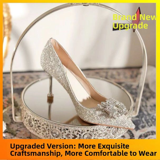 Crystal High Heels Women's Wedding Bridal Shoes Summer New Mid Heel PU Material Pointed Toe Dress Shoe_vogvips.com