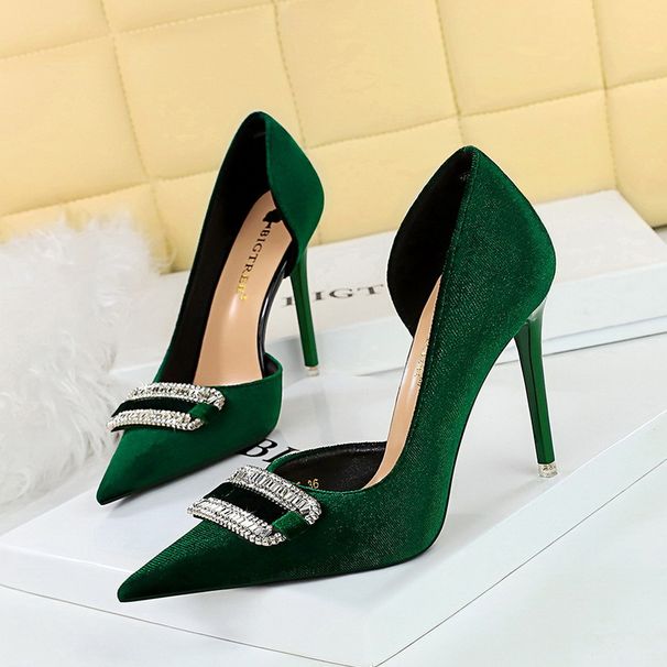 High-heeled women's shoes thick suede shallow mouth pointed side hollow-out ultra-high heel rhinestone buckle single shoes_vogvips.com