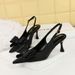 3716-H25 Fashion Pedicure Korean Style Women's Satin Shallow Mouth Pointed Toe High Heels Hollow Back Strap Bowknot_vogvips.com
