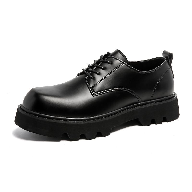 ShoeVault British Style INS Black Men's Leather Trendy Korean Thick Sole Square Toe Derby White Youth Casual Suit Shoes_vogvips.com
