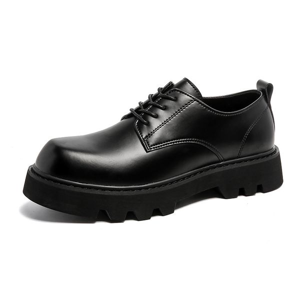 ShoeVault British Style INS Black Men's Leather Trendy Korean Thick Sole Square Toe Derby White Youth Casual Suit Shoes_vogvips.com
