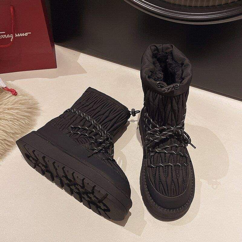 Wrinkled Thick-Soled Snow For Women 2025 Winter New Style Fleece-Lined Thickened Warm Nylon Lace-Up Northeast Ski Boots_vogvips.com