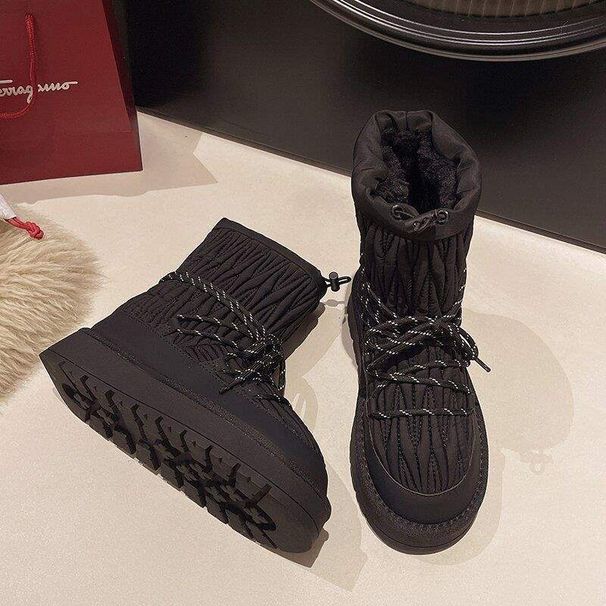 Wrinkled Thick-Soled Snow For Women 2025 Winter New Style Fleece-Lined Thickened Warm Nylon Lace-Up Northeast Ski Boots_vogvips.com