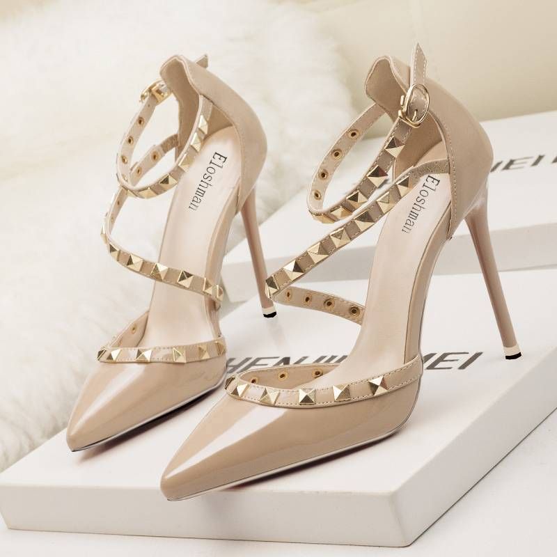 Women's Pumps Sexy Nightclub Stiletto High Heels For Women With Shallow Mouth, Pointed Rivets, Hollow Straps, Women's Shoes_vogvips.com