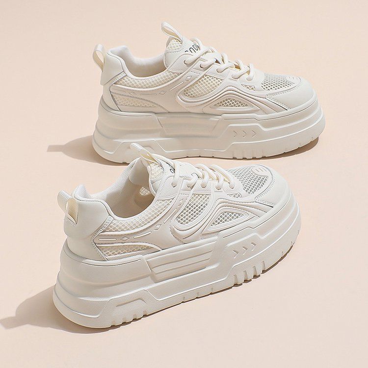 sponge Cake Platform White Shoes Women's Small Height-increasing Shoes Mesh Breathable Casual Board Shoes_vogvips.com