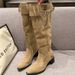 Women's Summer 2025 New Belt Buckle Pile Pointed Toe Chunky Heel Mid-Calf Slimming Over-the-Knee Long Boots_vogvips.com