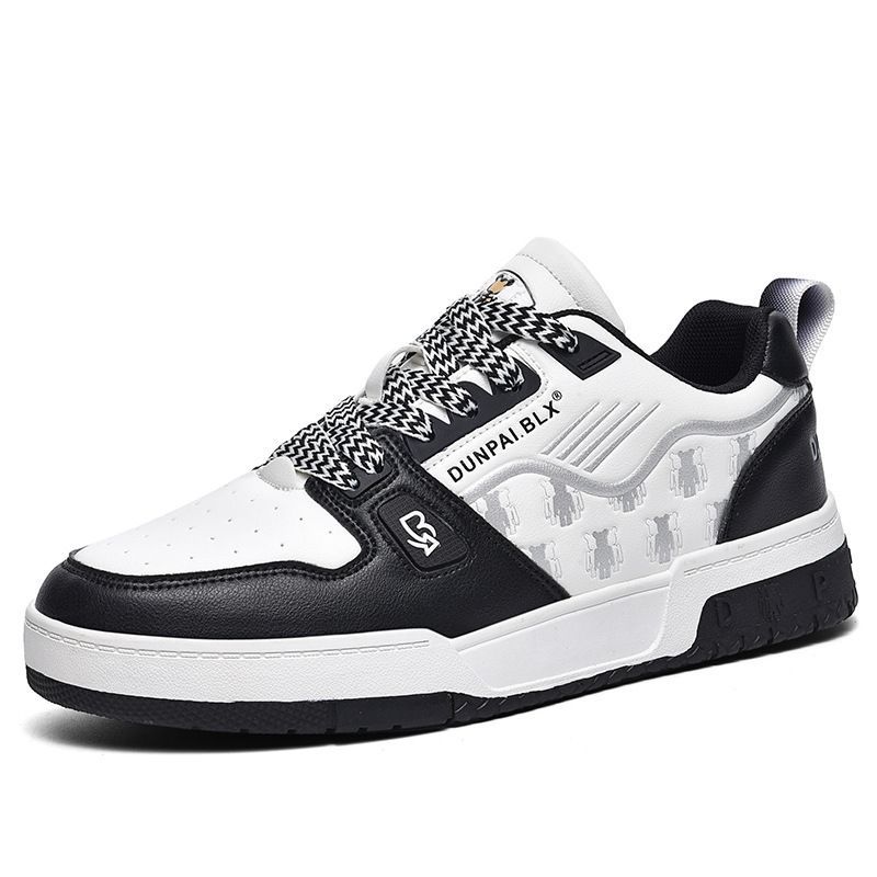 Men Women White Grey Leather Skate Shoes Embossed Bear Pattern Thick Platform Lace Up Casual Sneakers_vogvips.com