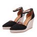 Women's Summer Pointed Toe Wedge Heel Platform Sandals Hollow Out Straw Braided Rope Sole Buckle Shoes_vogvips.com