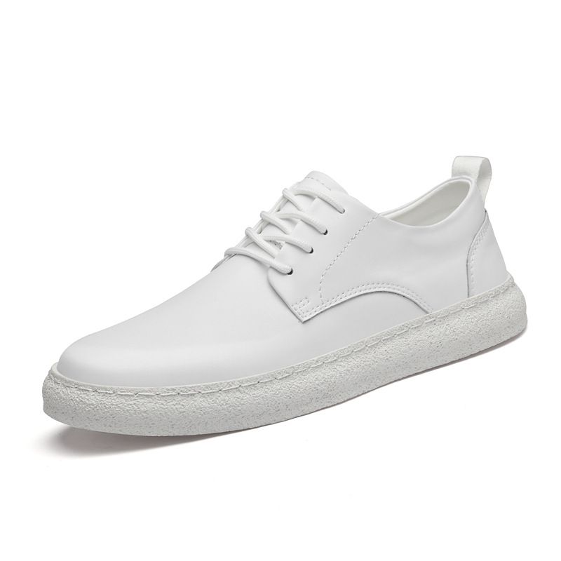 Inner Height Increase Men's Casual Single Shoes Beef Tendon Sole Leather Round Head Shallow Mouth White Shoes_vogvips.com