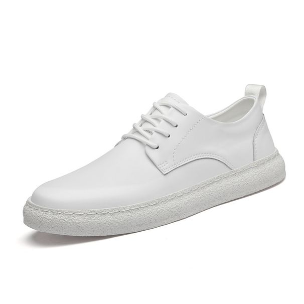 Inner Height Increase Men's Casual Single Shoes Beef Tendon Sole Leather Round Head Shallow Mouth White Shoes_vogvips.com