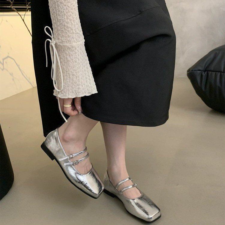 French Evening Silver Single Shoe Women's Flat Bottom 2025 Autumn New Style Fairy Commuting Square Head Shallow Mouth_vogvips.com