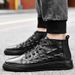 The First Layer Of Men's Wavy Pattern Casual High-top Lace-up Board Shoes, Warm And Velvet, Breathable_vogvips.com