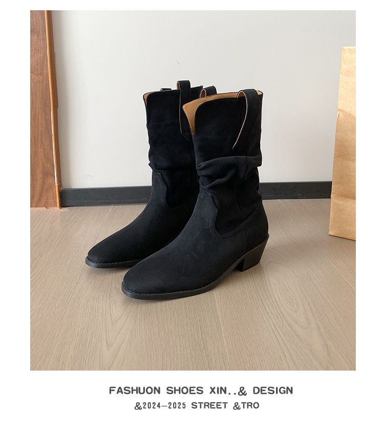 Retro 2025.1 Autumn/Winter New Round-toed Suede Pleated Chunk-heeled Mid-calf Boots_vogvips.com