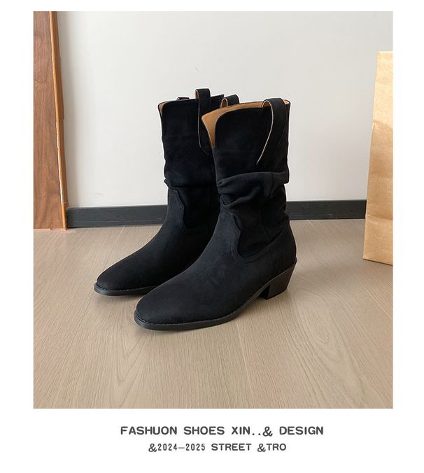 Retro 2025.1 Autumn/Winter New Round-toed Suede Pleated Chunk-heeled Mid-calf Boots_vogvips.com
