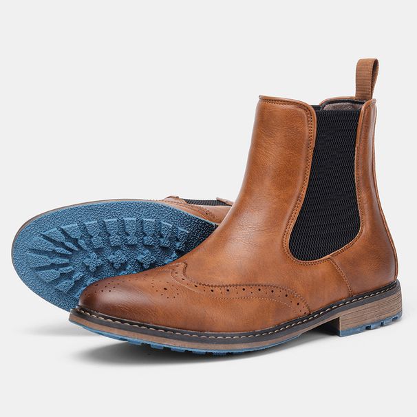 Men's Retro Chelsea Boots With Elastic Gore & Brogue Detailing – Classic Round-Toe Ankle Boots For Casual Wear_vogvips.com