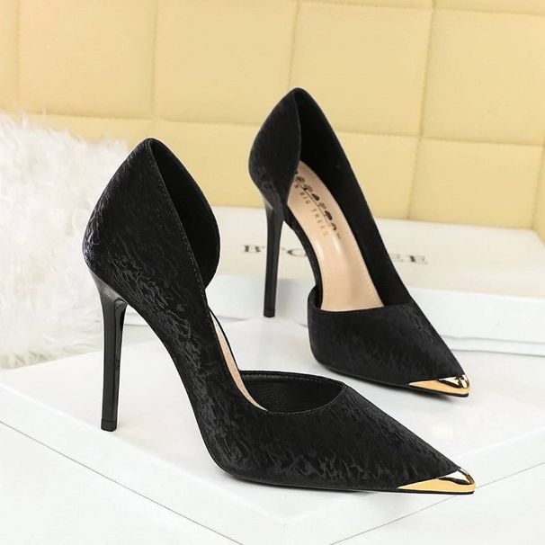 Pointed-toe, Shallow-mouthed, Hollowed-out High Heels, Women's Thin Heels, Iron Toe, Metal-decorated Single Shoes_vogvips.com