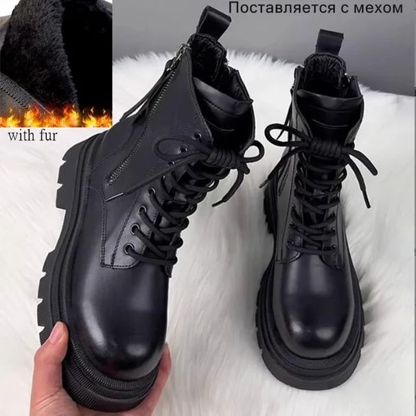 AIYUQI Marton Female Genuine Leather Fall Winter 2024 New Fur Warm Biker Platform Women's Ankle Boots_vogvips.com