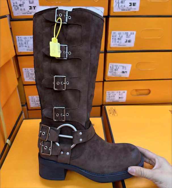 Suede Cowhide Suede MIU Family Knight Belt Buckle High, Knee Length Boots, Brown Western Cowboy Boots_vogvips.com