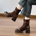 High Heel Thick Sole Short Boots For Women 2025 New Style Chunky Heel Women's Boots Melad Coffee Color Patchwork Mid-Calf Slim Boo_vogvips.com