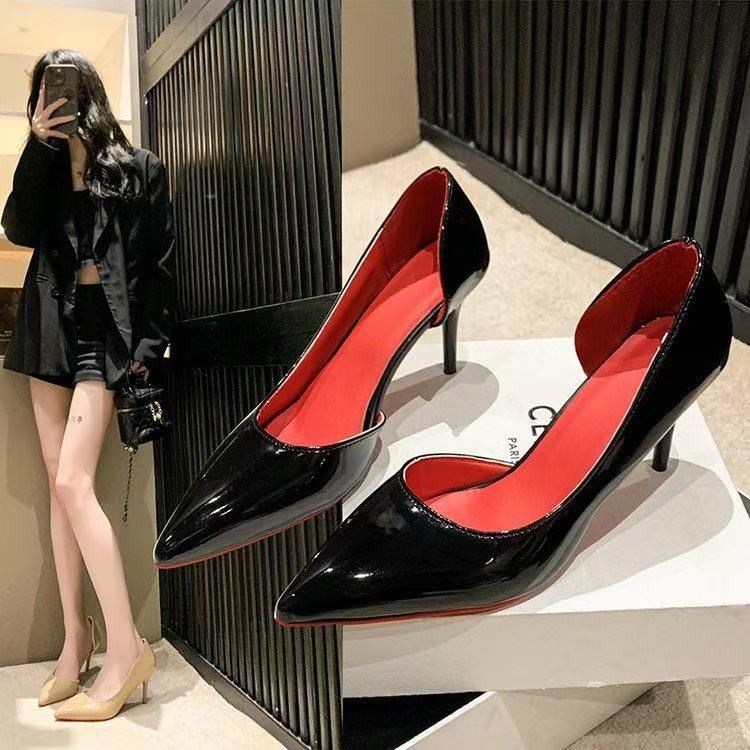 Red Sole High Heels Women 2025 New Patent Leather Color Side Hollow Pointed Toe Thin Heel Non-Slip Shallow Mouth Women's_vogvips.com