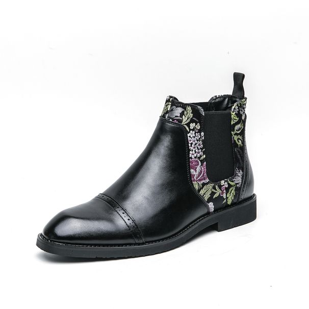 New Style Stylish Personalized Jacquard Chelsea Boots Fashion Flower Blooming Wealth Embroidery Men's Boots Brown Retro Gentleman's Leather Boots_vogvips.com