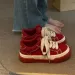 New Retro Red Canvas Low Cut Sports Letter Embroidered Skateboard Women's Flat Shoes, Fashionable Designer Casual Shoes_vogvips.com