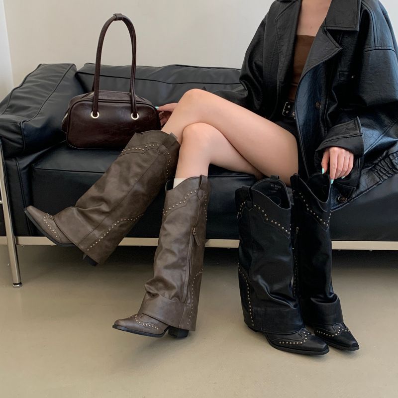 Retro Pointed-Toe Studded Bootcut Boots, Versatile For Spring Summer, Western Cowboy With Chunky Heels And Side Zippers,_vogvips.com