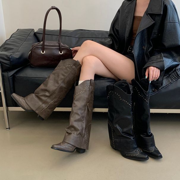 Retro Pointed-Toe Studded Bootcut Boots, Versatile For Spring Summer, Western Cowboy With Chunky Heels And Side Zippers,_vogvips.com