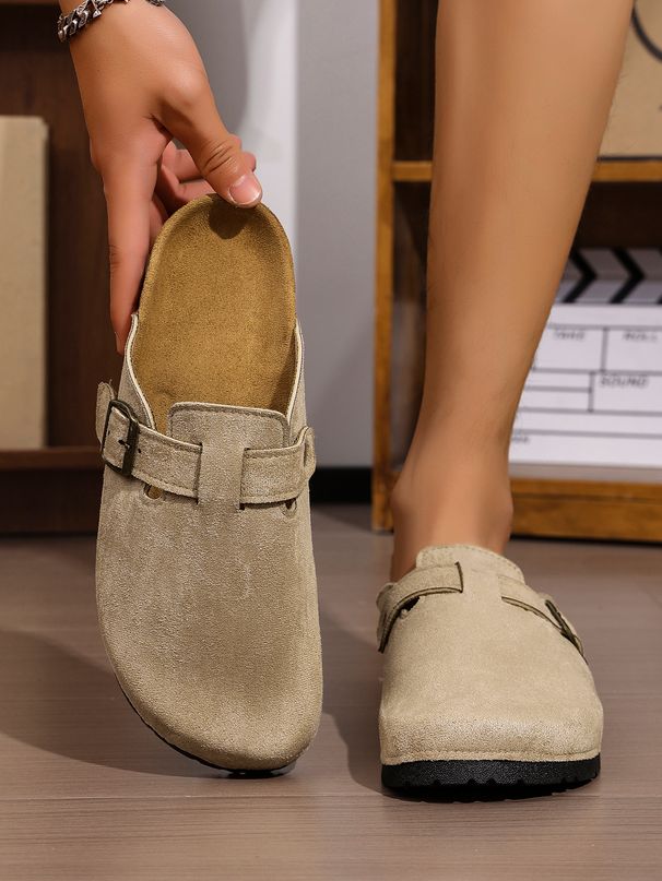 Men's Mule Shoes, New Spring Vintage Slip-On Casual Loafers With Pu Upper, Cork Grain Closed-Toe Half-Slippers, Flat Slippers With Adjustable Buckle_vogvips.com