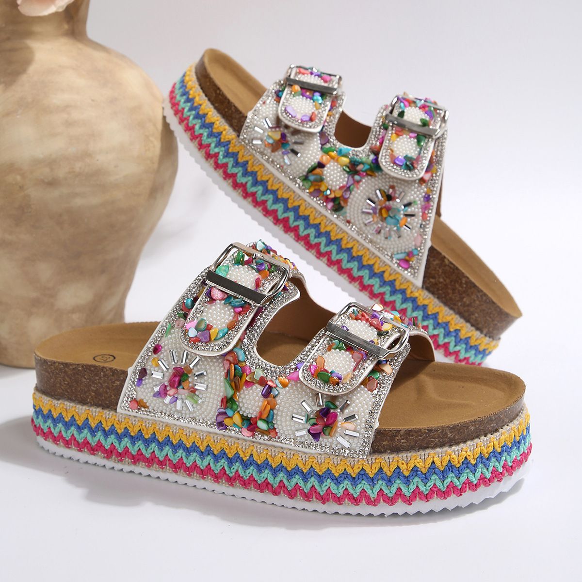 2026 Summer New Model Foreign Trade Plus Women's Casual Comfortable Thick-Soled Double-Strap Rhinestone Sandals One Size_vogvips.com