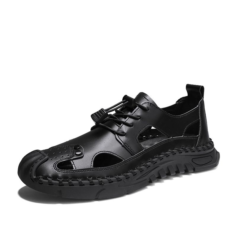 Men's Beach Shoes Summer Outdoor Hollow Breathable Sandals Men's Genuine Leather Soft Sole Slip-On Roman Sandals_vogvips.com