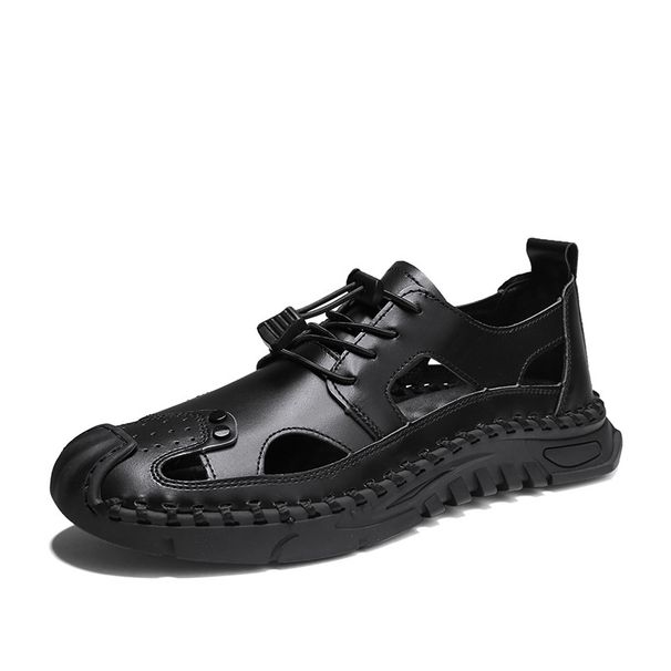 Men's Beach Shoes Summer Outdoor Hollow Breathable Sandals Men's Genuine Leather Soft Sole Slip-On Roman Sandals_vogvips.com