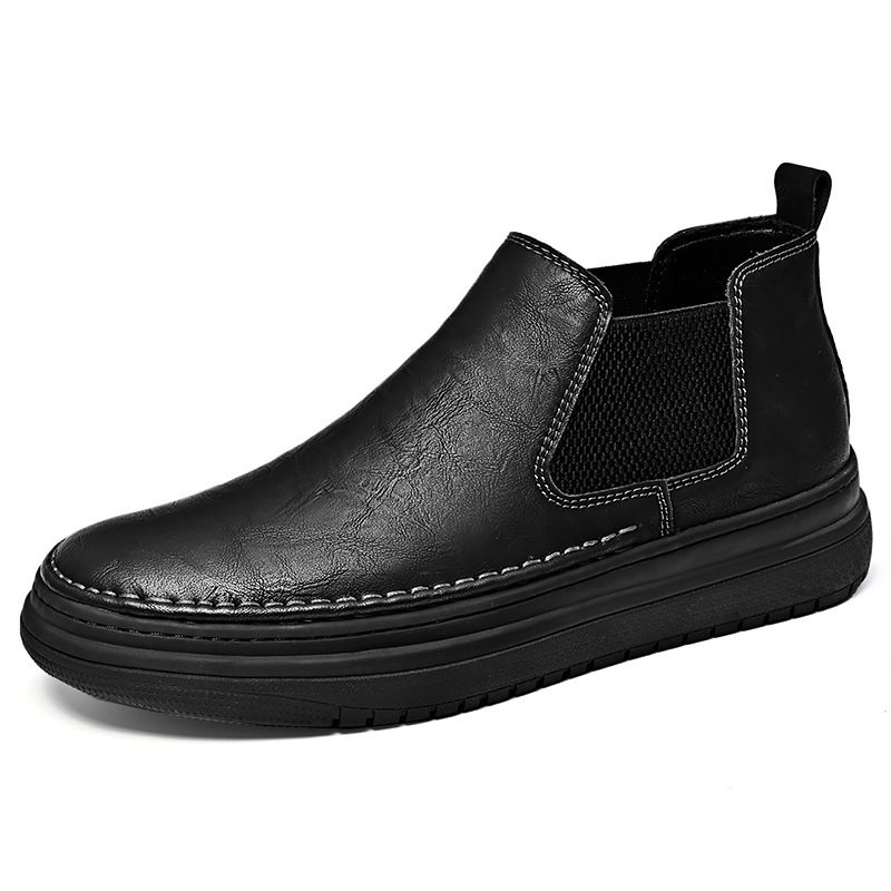 Men's Work Shoes Autumn Genuine Leather Mid-Top Chelsea Ankle Boots Flat Slip-Resistant Slip-On Casual Shoes_vogvips.com