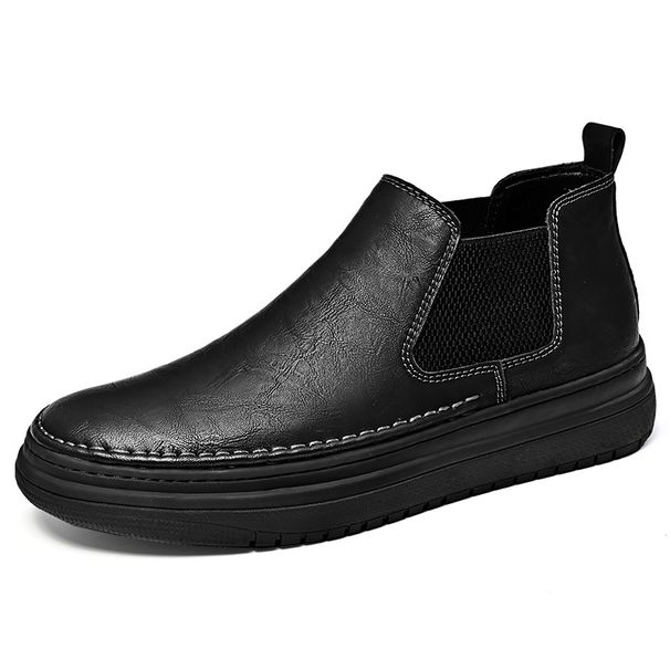 Men's Work Shoes Autumn Genuine Leather Mid-Top Chelsea Ankle Boots Flat Slip-Resistant Slip-On Casual Shoes_vogvips.com