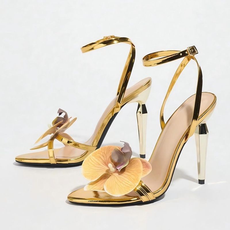 Liyke Strange Style Metal High Heels For Ladies Orchid Flowers Narrow Band Open Toe Ankle Strap Sandals Women Party Dress Shoes_vogvips.com