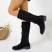 Women's Chunky Heel Wide Calf Knee High Boots With Buckle Detail & Stacked Wrinkles - Soft Suede & Genuine Leather - Round Toe Mid Heel Boots_vogvips.com