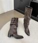 Women's Punk Style Western Cowboy Boots Stacked Knee High Riding Boots Pointed Toe Two-Way Belt Buckle Boots With Anti-Slip Sole_vogvips.com