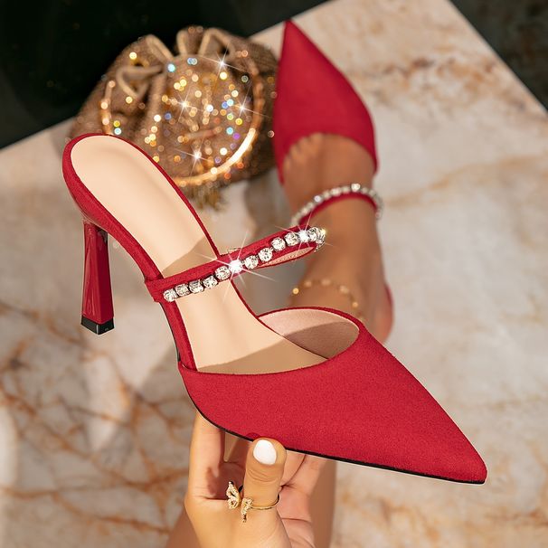 Shoes Women's High Heeled Sandals Red Stilettos Fashionable Buckle Diamond Pointed High Heeled Sandals Sexy Simple Women's Shoes_vogvips.com