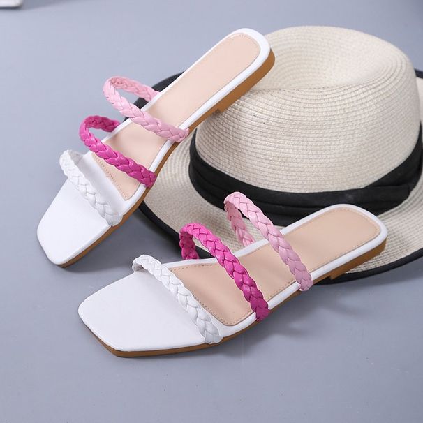 Plus Size Flat Woven Square Toe Women's Sandals Summer Color Block Casual Slip-On Shoes_vogvips.com