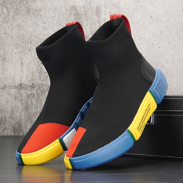 High Top Socks Shoes For Men 2023 Autumn New Trendy Breathable Knitted Slip On Sneakers Thick Sole Color Matching Trendy Shoes_vogvips.com