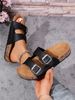 Women's Teen Mules New Spring And Summer Vintage Casual Slip-On Shoes Pu Upper Double Strap Half-Slip Flat Sandals With Adjustable Buckle_vogvips.com