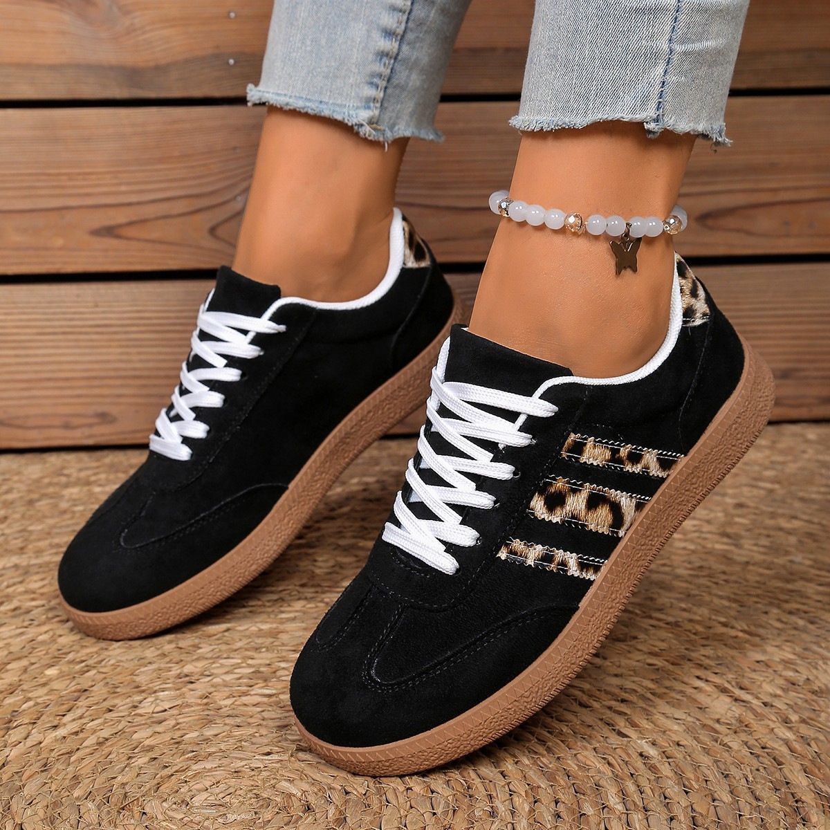 Women's Beige Suede Sneakers With Leopard Minimalist Print Stripes And Gum Sole_vogvips.com