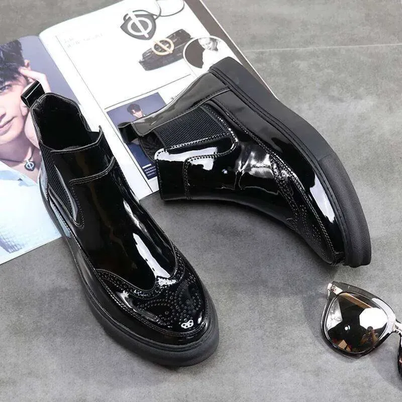 mens Fashion Party Nightclub Boots Carved Brogue Patent Leather Shoes Cowboy Platform Boot Designer Autumn Winter Botas_vogvips.com