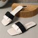 plus Size Trendy Beach Sandals For Women Summer Square Toe Flat One Strap Color Block Suede PU Footwear Brown Rubber Sole_vogvips.com