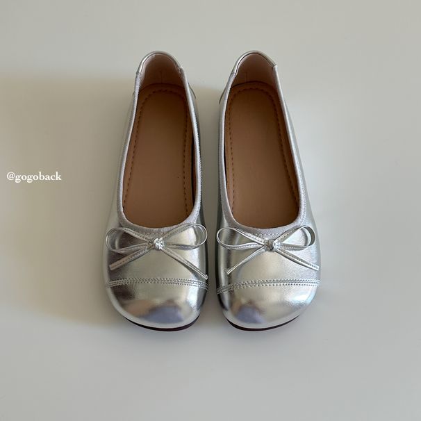 Lancui Ballet Style Silver Round Toe Cute Little Single Super Soft Slip-On Comfortable Grandma Flat Leather Shoes_vogvips.com