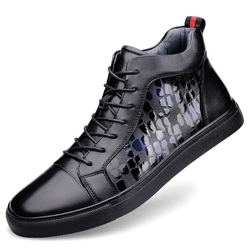 Two-layer Cowhide Men's High-top Casual Board Shoes Lace-up Round Head Velvet Warm Sports Men's Shoes_vogvips.com