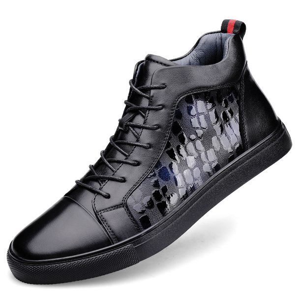 Two-layer Cowhide Men's High-top Casual Board Shoes Lace-up Round Head Velvet Warm Sports Men's Shoes_vogvips.com