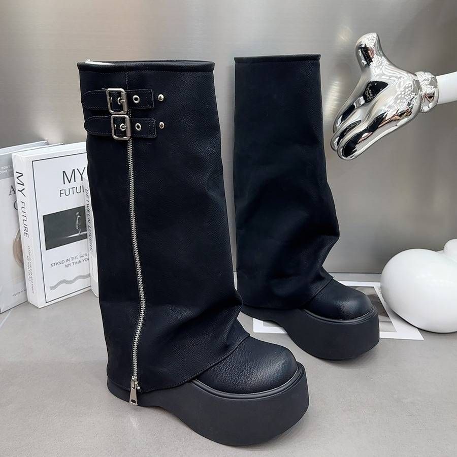 Women's Shoes Genuine Leather Big Head Trouser Boots Hot Girl Pile Boots Thick Bottom Boots Not Above The Knee High Boots High Knight Boots_vogvips.com