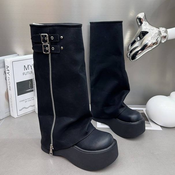Women's Shoes Genuine Leather Big Head Trouser Boots Hot Girl Pile Boots Thick Bottom Boots Not Above The Knee High Boots High Knight Boots_vogvips.com