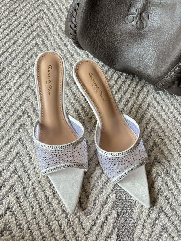Women's White Crystal Mesh Pointed Toe Stiletto Heel Slides,White Suede Crystal Pointed Toe Stiletto Slides For Party Wedding_vogvips.com